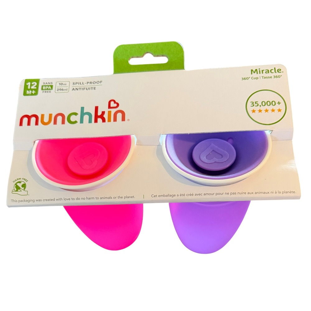 Munchkin Miracle 360 Cup 2 Pack 10oz Spill Proof Toddler Sippy Cups Pink Purple
